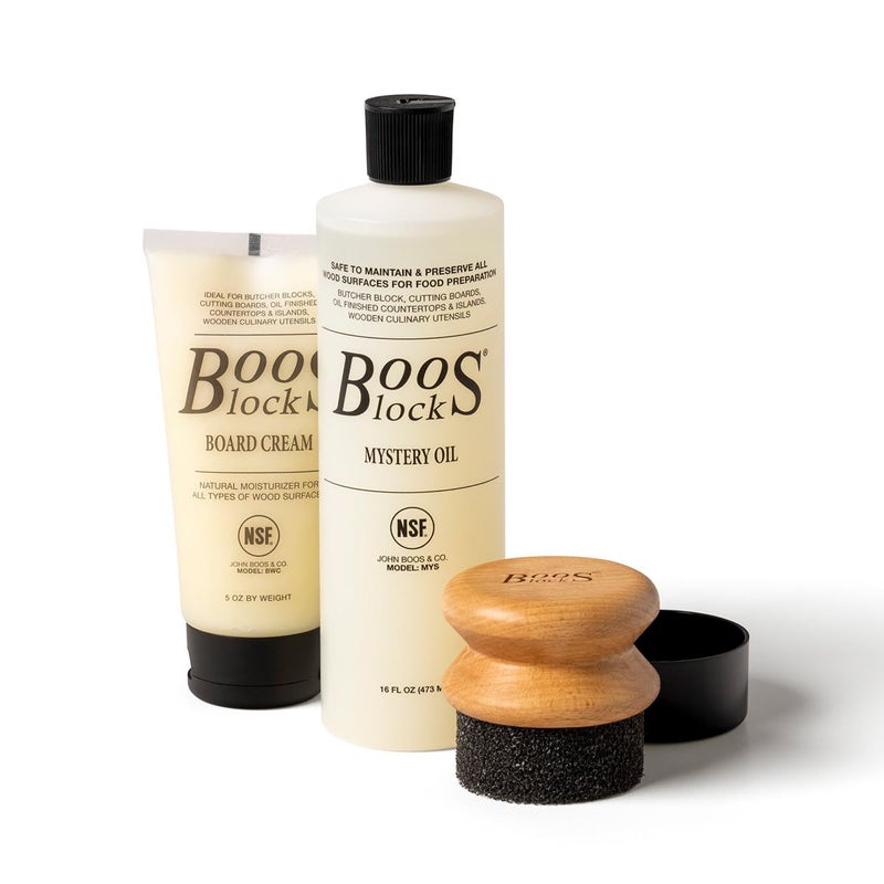 John Boos 3-Piece All-Natural Care & Maintenance Set - 16 oz Mystery Oil, 5 oz Board Cream & Round Applicator for Butcher Blocks, Cutting Boards, Wood Countertops, and Wooden Utensils - Image 1